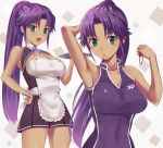  :d apron armpits asuka_(dream_c_club_zero) blush breasts cleavage dark_skin dream_c_club dream_c_club_zero drink green_eyes hand_on_hip hips kisugi_akira large_breasts long_hair mole mouth_hold open_mouth ponytail purple_hair ribbon smile tan taut_shirt tray waitress 