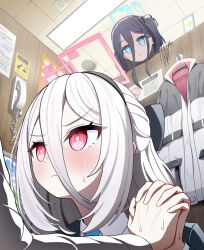  1boy 1girl aris_(blue_archive) black_hair black_hairband black_skirt black_vest blue_archive blue_eyes blue_halo blue_necktie blush bow ceiling ceiling_light closed_mouth clothes_hanger commentary expressionless garados_(limmjiiiminnn99) hair_between_eyes hair_bow hairband halo heart heart-shaped_pupils heart_in_eye highres jacket jealous kei_(blue_archive) kei_(new_body)_(blue_archive) long_hair long_hair_between_eyes long_sleeves love_triangle multicolored_jacket multiple_girls necktie one_side_up phone rectangular_halo red_eyes red_halo ringed_eyes sensei_(blue_archive) skirt sweatdrop symbol-shaped_pupils symbol_in_eye two-tone_jacket unworn_jacket v-shaped_eyebrows very_long_hair vest 