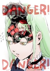  2girls bang_dream! bang_dream!_it's_mygo!!!!! beret choker commentary dual_persona flying_sweatdrops frilled_choker frills green_hair hat highres long_hair looking_ahead mecha mini_person minigirl monitor mortis_(bang_dream!) multiple_girls open_cockpit open_skull osakana_(denpa_yun'yun) parted_lips piloting portrait red_hat robot robot_girl simple_background sitting size_difference symbol-only_commentary v-shaped_eyebrows wakaba_mutsumi yellow_eyes 