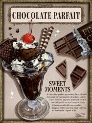  candy cherry chocolate chocolate_bar commentary cup drinking_glass english_text fine_9725 food food_focus food_name fruit highres ice_cream no_humans original parfait parfait_glass symbol-only_commentary wafer_stick 