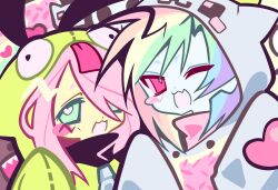  2girls :3 :d alternate_costume animal_ears animal_hood antonymph aqua_eyes blue_skin blush_stickers cameo cat_hood colored_skin commentary cosplay crybabybuno domo-kun english_commentary fake_animal_ears fang fluttershy fluttershy_(equestria_girls) gir_(dog_costume)_(invader_zim) gir_(invader_zim) gir_(invader_zim)_(cosplay) green_hoodie grey_hoodie hair_over_one_eye heart highres hood hood_up hoodie invader_zim lol_comics long_hair looking_at_viewer multicolored_hair multiple_girls my_little_pony my_little_pony:_equestria_girls my_little_pony:_friendship_is_magic nyan_cat nyan_cat_(cosplay) one_eye_closed personification pink_eyes pink_hair rainbow_dash rainbow_dash_(equestria_girls) rainbow_hair scene_cut scene_fashion single_blush_sticker skin_fang skull smile swept_bangs vylet_pony yellow_skin zipper 