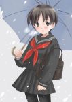  bag black_legwear black_pantyhose blush breath brown_eyes brown_hair copyright_request kazuto_izumi pantyhose school_uniform short_hair snow snowing solo umbrella 