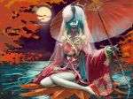  aqua_eyes aqua_hair choker hair_over_one_eye hatsune_miku japanese_clothes kimono mask moon night ogitaka parasol sea see_through shoes sitting veil vocaloid water wide_sleeves 