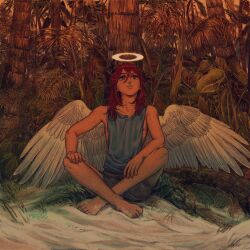  androgynous angel_devil_(chainsaw_man) angel_wings artist_name chainsaw_man feathered_wings halo highres male_focus medium_hair orange_eyes orange_hair outdoors palm_tree phosmic sand shorts solo tank_top tree wings 