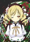  beret blonde_hair breasts crossed_arms drill_hair hair_ornament hat highres large_breasts magical_girl mahou_shoujo_madoka_magica puffy_sleeves solo tachibana_(pixiv) tomoe_mami wink yellow_eyes 