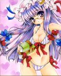  absurdres bespectacled bikini book bow breasts cleavage glasses hair_bow hat heart highres long_hair marker_(medium) navel patchouli_knowledge purple_eyes purple_hair solo striped striped_bikini striped_swimsuit sumire_(sumiringo2008) swimsuit touhou traditional_media vertical-striped_bikini vertical_stripes violet_eyes watercolor_(medium) 