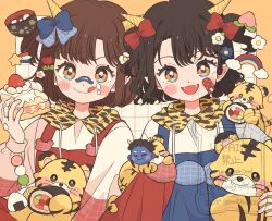  2girls :d :q bandaid bandaid_on_cheek bandaid_on_face bandaid_on_nose black_hair blue_bow blue_vest blush_stickers border bow brown_hair cake cake_slice closed_mouth commentary_request cone_horns drawstring eeppa ehoumaki food food_on_face hair_bow highres holding holding_food hood hood_down horns long_sleeves looking_at_viewer makizushi multiple_girls oni open_mouth orange_eyes original outside_border parted_bangs red_bow red_vest shirt short_hair smile striped_horns sushi tiger tongue tongue_out two_side_up upper_body vest watermark white_background white_shirt yellow_border yellow_horns 