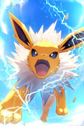  bright_pupils commentary_request day electricity fangs from_below highres jolteon no_humans open_mouth outdoors pokemon pokemon_(creature) pokemon_focus rock rumine_(yoshi1234567) sky solo white_pupils 