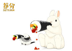  animal_focus bird commentary_request eating fish_(food) food holding holding_food ikura_(food) lilac_(p-f_easy) makizushi no_humans original rabbit rice simple_background sitting sushi white_background white_rabbit_(animal) 