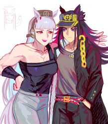  2girls :d absurdres animal_ears arm_around_shoulder bare_shoulders belt black_coat black_hat black_pants black_shirt blunt_bangs breasts chain closed_mouth coat commentary cosplay cowboy_shot ear_covers ears_through_headwear english_commentary eye_contact fenomeno_(umamusume) gakuran gold_chain gold_ship_(umamusume) grey_hair grey_pants hand_in_pocket hat high_collar highres horse_ears horse_girl horse_tail horseshoe_hat_ornament horseshoe_ornament jean_pierre_polnareff jean_pierre_polnareff_(cosplay) jojo_no_kimyou_na_bouken kujo_jotaro kujo_jotaro_(cosplay) long_coat long_hair looking_at_another medium_breasts miengplazabzab multicolored_belt multiple_belts multiple_girls muscular muscular_female open_clothes open_coat pants peaked_cap pillbox_hat pink_eyes school_uniform shirt shirt_tucked_in sleeveless sleeveless_shirt smile standing stardust_crusaders tail trait_connection umamusume v-shaped_eyebrows wristband 