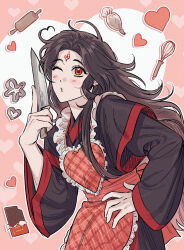  1boy apron black_hair black_hanfu blush chinese_clothes chocolate closed_mouth commentary cookie_cutter curtained_hair facial_mark forehead_mark frilled_apron frills gatan666 hand_on_own_hip hanfu heart heart_apron heart_background heart_in_eye highres holding holding_knife knife long_hair long_sleeves luo_binghe male_focus o3o one_eye_closed outline parted_bangs pastry_bag plaid_apron plaid_clothes red_apron red_eyes renzha_fanpai_zijiu_xitong rolling_pin solo symbol-only_commentary symbol_in_eye upturned_eyes whisk white_outline wide_sleeves wolf_cut zuiyin 