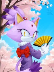  1girl animal_ears artist_name back_bow blaze_the_cat blaze_the_cat_(kimono) blue_sky bow cat_ears cat_girl cat_tail draw_chill's forehead_jewel fur-trimmed_gloves fur_trim furry furry_female gloves hand_fan japanese_clothes kimono looking_at_viewer looking_back purple_fur purple_kimono sky sonic_(series) tail white_gloves 