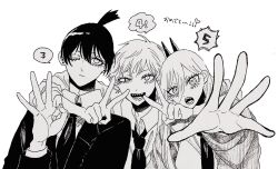  black_hair black_necktie blonde_hair chain chainsaw_man commentary_request denji_(chainsaw_man) eyelashes greyscale hayakawa_aki highres long_hair monochrome necktie odyk_eee ok_sign one_eye_closed outstretched_arm power_(chainsaw_man) short_hair simple_background topknot upper_body v white_background 