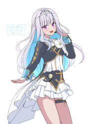  1girl :d black_shirt black_skirt blue_hair blush braid character_charm charm_(object) colored_inner_hair commentary_request cowboy_shot dated frilled_skirt frills gold_trim half_up_braid hand_up headset highres idol_clothes layered_shirt layered_skirt lize_helesta long_hair long_sidelocks long_sleeves looking_at_viewer miniskirt multicolored_hair nijisanji nijisanji_idol_uniform saburou_hiji sebastian_piyodore shirt sidelocks simple_background skirt sleeve_cuffs smile solo streaked_hair thigh_strap tiara twitter_username two-tone_hair very_long_hair violet_eyes virtual_youtuber white_background white_hair white_shirt white_skirt 