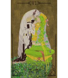  2girls absurdres black_ribbon braid brown_background card_(medium) closed_eyes commentary_request crying crying_with_eyes_open detached_sleeves dress fine_art_parody flower frog green_hair hair_flower hair_ornament hat head_tilt highres horns inset_border jacket julmunui_songsari kiss kissing_cheek kneeling korean_commentary long_hair long_pointy_ears looking_at_another multiple_girls neck_ribbon on_animal parody patterned_clothing pointy_ears red_eyes ribbon sleeveless sleeveless_dress smile tarot tarot_(medium) tears the_kiss the_lovers_(tarot) tongue tongue_out trickcal ui_(trickcal) very_long_hair vivi_(trickcal) white_dress white_hair yellow_hat yellow_jacket 