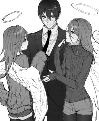  androgynous angel_devil_(chainsaw_man) black_pantyhose blush chainsaw_man clothes_grab cowboy_shot dress_shirt dual_persona english_commentary halo hayakawa_aki highres long_hair mewmewti necktie necktie_grab neckwear_grab pantyhose shirt short_hair shorts simple_background suit sweatdrop sweater white_background 