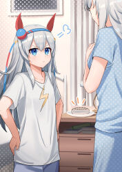  2girls absurdres animal_ears bed blue_eyes blue_hairband blue_pants blue_shirt blush closed_mouth commentary_request doughnut ear_covers food grey_hair hair_between_eyes hairband hands_on_own_hips headband highres horse_ears horse_girl lamp lightning_bolt_print lightning_bolt_symbol long_hair looking_at_another multicolored_hairband multiple_girls nightstand oguri_cap_(umamusume) ooeyama pajamas pants plate polka_dot red_headband shirt short_sleeves striped_clothes striped_hairband tamamo_cross_(umamusume) two-tone_hairband umamusume white_shirt 