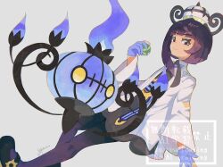  1girl akira_a_a belt black_dress black_pantyhose black_shoes blue_gloves blunt_bangs chandelure closed_mouth coat commentary dress eyelashes gloves gradient_pantyhose grey_background hat highres holding holding_poke_ball long_sleeves looking_at_viewer mega_stone nest_ball o-ring o-ring_belt open_clothes open_coat pantyhose partially_fingerless_gloves poke_ball pokemon pokemon_(creature) purple_hair purple_pantyhose shoes short_hair signature twitter_username violet_eyes watermark white_coat 
