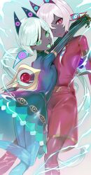  1boy 1girl absurdres boy_vajra_(fate) bright_pupils colored_skin commentary_request dark-skinned_female dark-skinned_male dark_skin dress eye_symbol fate/grand_order fate_(series) girl_vajra_(fate) gloves green_eyes grey_background grey_skin highres horns hug lightning long_hair long_sleeves looking_at_viewer muneomon_(takomon) open_mouth purple_dress red_eyes red_shorts red_skirt shirt short_hair shorts simple_background skirt sleeves_past_wrists smile thumb_hole_sleeves white_hair 