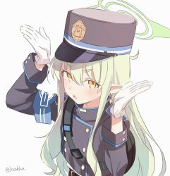  1girl absurdres armband black_hat black_jacket blue_archive blue_armband blush commentary earrings gloves hair_between_eyes halo hat highres hikari_(blue_archive) jacket jewelry koshka_pic long_hair long_sleeves looking_at_viewer open_mouth pointy_ears rabbit_pose sidelocks simple_background solo twitter_username upper_body white_background white_gloves yellow_eyes 