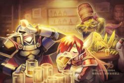  1girl 3boys alcohol alhazad_(wild_arms) armor beer belselk_(wild_arms) brown_hair cape claws commentary_request drinking elmina_niet gloves helmet lady_harken long_hair monster_boy multiple_boys open_mouth red_armor sakakai_toppa smile wild_arms wild_arms_1 zeikfried_(wild_arms) 