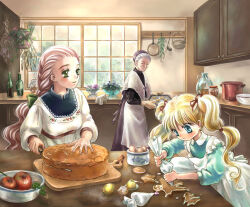  3girls apple apron back_bow baking black_shirt black_skirt blonde_hair blue_dress blue_eyes blush bottle bow bowl braid braided_ponytail breasts cake capelet child closed_eyes closed_mouth commentary_request cookie cooking_pot cupboard cutting cutting_board day dome_(artist) dress egg family flower_basket food fruit fruit_bowl frying_pan gingerbread_man green_bow grey_capelet hair_bow holding holding_knife holding_pastry_bag indoors jar knife ladle lemon long_hair long_sleeves looking_at_another medium_breasts multiple_girls old old_woman original oven_mitts pastry_bag pink_hair shirt short_hair skirt slice_of_life smile standing star-shaped_cookie star-shaped_food star_(symbol) twintails vase waist_apron white_apron white_dress white_hair window wine_bottle 