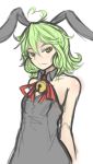  1girl ahoge animal_ears arceonn arms_behind_back bare_shoulders bell dress green_hair heart_ahoge highres original rabbit_ears ribbon rough small_breasts smile solo yellow_eyes 