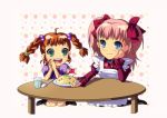  :d ahoge apron blue_eyes blush braid brown_hair choker enoo food green_eyes hair_ornament hair_ribbon hairpin happy jewelry kneeling long_hair multiple_girls open_mouth pantyhose pink_hair raquel_applegate ribbon rice shirt short_twintails simple_background smile table twintails two_side_up unnamed_girl_(wild_arms) unnamed_girl_(wild_arms_4) wild_arms wild_arms_4 