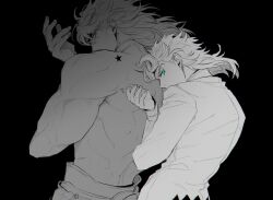  2boys black_background blue_eyes cowboy_shot dio_brando dio_brando's_pose father_and_son giorno_giovanna hair_rings highres jacket jojo_no_kimyou_na_bouken jojo_pose komiya_harumoto long_sleeves looking_back male_focus medium_hair multiple_boys muscular muscular_male pants red_eyes scar scar_on_neck spot_color star_(symbol) topless_male vento_aureo 