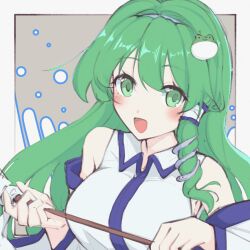  1girl :d bare_shoulders blush breasts collared_shirt danmaku detached_sleeves frog_hair_ornament gohei green_eyes green_hair hair_ornament hair_tubes hairband highres holding holding_gohei kochiya_sanae large_breasts looking_at_viewer nazawa_(nother) open_mouth shirt single_hair_tube sleeveless sleeveless_shirt smile snake_hair_ornament solo touhou upper_body 