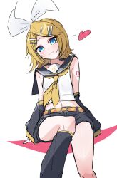  1girl :3 arm_support arm_tattoo belt black_leg_warmers black_sailor_collar black_shorts black_sleeves blonde_hair blue_eyes blush bow closed_mouth commentary_request crop_top cropped_shirt detached_sleeves flat_chest hair_bow hair_ornament hairclip heart highres kagamine_rin leg_warmers looking_at_viewer midriff neckerchief number_tattoo parallel_hairclips raised_inner_eyebrows sailor_collar shirt short_hair short_shorts shorts simple_background sitting sleeveless sleeveless_shirt smile solo tattoo thinker25075754 treble_clef vocaloid white_background white_bow white_shirt yellow_belt yellow_neckerchief yellow_trim 