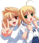  2girls ahoge arcueid_brunestud blonde_hair blush crossover fate/stay_night fate_(series) green_eyes lowres multiple_girls open_mouth red_eyes saber sweatdrop tsukihime type-moon v wink 