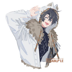 1boy anchun_(quail0503) animal_ear_hood blue_eyes brown_hair fur_trim hand_up highres hood hood_up jacket long_sleeves looking_to_the_side male_focus open_mouth original simple_background solo square sweater teeth tongue upper_body white_background white_jacket 
