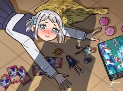  1girl amate_yuzuriha apu_spills_his_tendies_(meme) bag blue_eyes blue_ribbon blue_sailor_collar blue_skirt blush box braid character_doll doll from_above gakuen_idolmaster gashapon grey_hair gundam gundam_gquuuuuux half_up_braid highres idolmaster jacket jennie_congee katsuragi_lilja long_sleeves looking_at_viewer lying medium_hair meme nyaan_(gundam_gquuuuuux) on_stomach plastic_bag pleated_skirt ribbon ribbon_hair sailor_collar shadow signature skirt solo tearing_up tile_floor tiles trading_card twitter_username white_jacket 