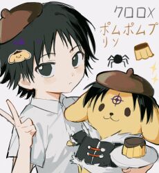  1boy :3 aged_down black_eyes black_hair blush character_sticker child chrollo_lucilfer chrollo_lucilfer_(cosplay) closed_mouth collared_shirt commentary cosplay cross_tattoo dot_nose fur-trimmed_jacket fur_trim hat hunter_x_hunter jacket male_focus pompompurin sanrio sevenlistening shirt short_hair sticker symbol-only_commentary tattoo translation_request upper_body v white_background white_shirt 