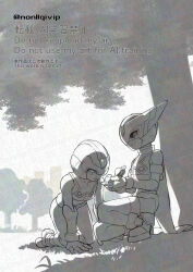  2boys bird grey_background greyscale hidden_phantom_(mega_man) male_focus mega_man_(series) mega_man_zero_(series) monochrome multiple_boys ninja outdoors scarf tree twitter_username watermark x_(mega_man) yamanashi_taiki 