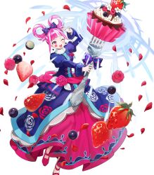 1girl attack blue_dress blunt_bangs blush bouquet bow breasts closed_mouth cupcake dress earrings facial_mark fire_emblem fire_emblem_engage fire_emblem_heroes floral_print floral_print_dress flower food fork fruit giant_fork hair_bow hair_rings heart heart_facial_mark highres holding holding_bouquet holding_fork hortensia_(cutesplosion)_(fire_emblem) hortensia_(fire_emblem) jewelry long_sleeves multicolored_hair non-web_source official_alternate_costume official_art one_eye_closed open_mouth petals pink_eyes pink_hair polka_dot polka_dot_bow print_dress small_breasts smile solo strawberry streaked_hair two-tone_hair tym_taro v-shaped_eyebrows white_hair 