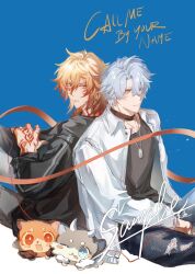  2boys alternate_costume antenna_hair arm_tattoo black_choker black_jacket black_shirt blonde_hair blue_eyes braid chimera_(honkai:_star_rail) choker commentary denim dog_tags facial_tattoo gradient_hair highres honkai:_star_rail honkai_(series) jacket jeans male_focus medium_hair multicolored_hair multiple_boys mydei_(fig_stew)_(honkai:_star_rail) mydei_(honkai:_star_rail) neck_tattoo open_clothes open_jacket pants parted_bangs phainon_(honkai:_star_rail) phainon_(vigethos)_(honkai:_star_rail) red_hair red_tattoo shirt short_hair side_braid symbol-only_commentary tattoo torn_clothes torn_jeans torn_pants white_hair white_jacket yellow_eyes yup6osoeff72033 