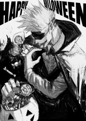  1boy absurdres arm_up blindfold candy cape collared_shirt commentary_request english_text fang food frilled_shirt frills gojou_satoru greyscale halloween_bucket halloween_costume happy_halloween highres jack-o'-lantern jujutsu_kaisen kuwoniagyu11112 lollipop long_sleeves male_focus monochrome open_mouth shirt short_hair smile solo spiky_hair swirl_lollipop upper_body vampire wing_collar 