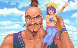  1boy 1girl arabian_clothes arm_up bandeau black_vest blue_bandeau blue_eyes blue_pants blue_sky bracelet brown_hair closed_mouth clouds cropped_vest day earrings facial_hair genie giant goatee goto_p hair_tubes hand_up harem_pants hat hoop_earrings jewelry long_hair midriff multiple_bracelets mustache navel open_clothes open_mouth open_vest original outdoors pants pc-98_(style) pink_sash pink_shoes ponytail purple_hair sash shoes signature sitting_on_shoulder sky smile turban vest violet_eyes waving wristband yellow_hat yellow_vest 