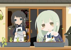  2girls :o absurdres apartment apron balcony bang_dream! black_hair blue_eyes blush_stickers bug commentary_request earrings falling_leaves gardening green_hair highres jewelry kino_(kino01xyz) ladybug leaf light_smile long_sleeves looking_at_viewer multiple_girls no_lineart paw_print paw_print_pattern plant potted_plant ribbon sprout upper_body wakaba_mutsumi white_apron wolf_cut yahata_umiri yellow_eyes 