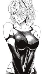  a2_(nier:automata) absurdres bare_shoulders breasts collarbone elbow_gloves english_commentary gloves highres joints large_breasts leotard lips long_hair looking_to_the_side monochrome mostlybluewyatt nier:automata nier_(series) no_blindfold robot_joints white_hair 