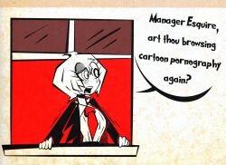  1girl absurdres artichoke2_(dickpeacock11) black_suit collared_shirt don_quixote_(project_moon) english_text highres limbus_company necktie open_mouth partially_colored project_moon red_necktie shirt short_hair solo speech_bubble suit teeth upper_body upper_teeth_only white_shirt window 