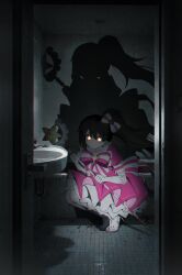  1girl back_bow bathroom bathtub black_hair blood blood_on_shoes bow bowtie brooch carmen_(project_moon) ceiling commentary_request doorway dress full_body gloves glowing glowing_eyes highres holding holding_staff indoors jewelry korean_commentary layer_(layer_illust) long_hair looking_at_viewer mage_staff magical_girl open_door pink_dress pov_doorway project_moon puffy_short_sleeves puffy_sleeves red_eyes short_sleeves side_ponytail sink smile solo squatting staff star-shaped_pupils star_(symbol) star_brooch symbol-shaped_pupils tile_ceiling tile_floor tile_wall tiles tiptoes white_bow white_gloves yellow_pupils 