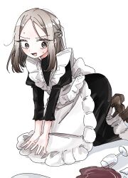  1girl :d all_fours apron boots braid brown_boots brown_hair commentary cup drinking_glass frills gradient_background grey_eyes grey_hair half_up_braid highres juliet_sleeves kimi_no_koto_ga_dai_dai_dai_dai_daisuki_na_100-nin_no_kanojo long_hair long_sleeves maid maid_apron meido_mai open_mouth puffy_sleeves simple_background smile solo sosii_79 spill veil white_apron white_background 