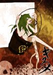  absurdres adult alternate_hairstyle bandage bandages barefoot bone bucket creepy eyeball fang girl_in_bucket green_hair highres in_bucket in_container kisume long_hair nude open_mouth red_eyes skeleton skull solo sonjow4 tongue touhou youkai 