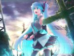  aqua_hair cross detached_sleeves hatsune_miku headphones hello_planet_(vocaloid) nail_polish necktie open_mouth overgrown pleated_skirt static thigh_boots twintails very_long_hair vocaloid 