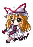  blonde_hair blush bow chibi closed_fan dress eyes fan folding_fan gap hat hat_bow highres long_hair shinjitsu sitting smile solo touhou yakumo_yukari yellow yellow_eyes 