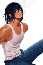  1boy adam's_apple black_hair blue_eyes chainsaw_man cigarette covered_nipples denell denim hair_down hayakawa_aki highres jeans male_focus mouth_hold open_fly pants simple_background sitting smoke solo tank_top white_background white_tank_top 