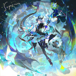  1girl absurdres black_horns blue_flower blue_hair boots bouquet commission dragon eteru flower frills full_body gloves happy_birthday highres holding holding_bouquet holding_staff horns long_hair long_sleeves looking_at_viewer mihuashi_commission one_eye_covered open_mouth original purple_gloves solo square staff star_(symbol) teeth thigh_boots tongue watermark yellow_eyes 